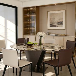 Set Tavolo da Pranzo di Lusso Design Turco, Moderno ed Economico, con 4 Sedie, Tavolo Rotondo in Marmo per Sala da Pranzo - Product Image 2