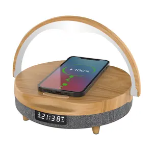 Home theater 10w retro wood Speaker with Night Light ,Wireless Charger and Clock