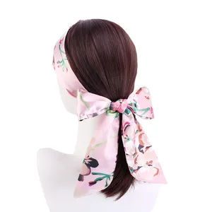 Custom Logo Flower Print Adjustable Silk Head Wrap Tie for Women Satin Ribbon Belt Headband Hair Tie