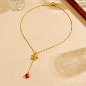 Gold Plated Camellia Pendant Necklace With Snake Chain Resin Drop For Daily Wear Gift - Product Image 3