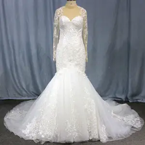 Gaun pengantin putri duyung lengan panjang gambar asli gaun pernikahan model terompet leher tinggi gaun pengantin