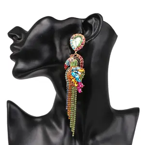 Newest Women Animal Jewelry Long Multi Color Crystal Chain Tassel Dangle Earrings Rainbow Rhinestone Bird Parrot Earrings