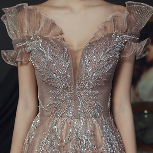 Off-Shoulder Ball Gown Evening Dress Khaki Light Purple Chiffon Empire Waistline Slim Fit Formal Party Wear - Product Image 3