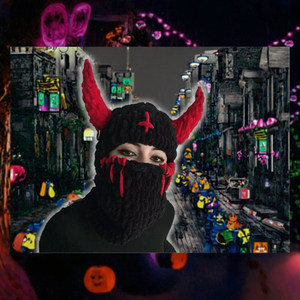 Bonnet cagoule tricoté noir et rouge avec applique croix, masque intégral, style punk unisexe, bonnet d'hiver pour adulte - Product Image 3