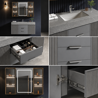 Meuble-lavabo flottant moderne de luxe gris cannelé avec vasque, miroir LED et rangement en verre pour projets hôteliers et d'appartements