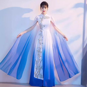 Women's Blue Gradient Classical Dance Dress With 3D Embroidery Stage Performance Wear - Product Image 3