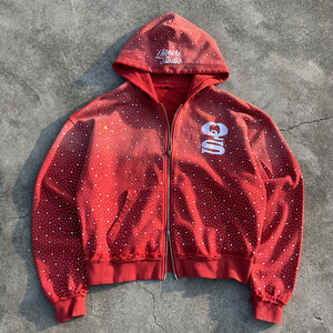 Felpa con Cappuccio e Zip Personalizzata <span class=keywords><strong>Streetwear</strong></span> per Uomo, 100% Cotone, Felpa Corta con Zip, Produttori di Felpe Oversize con Zip e Strass - Product Image 1