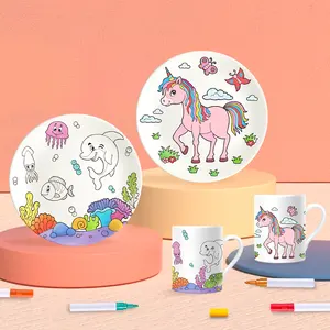 Groothandel keramische pen diy cup-Panda Junioren Diy Keramische Mok En Plaat Set Met 3 Bijpassende Pennen Speelgoed Voor Kids