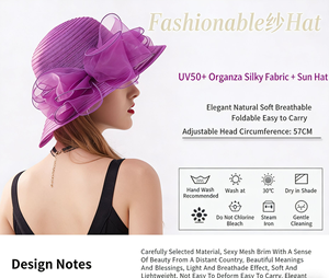 Organza Church Fascinator Wedding Tea Party Derby <span class=keywords><strong>Sombreros</strong></span> para mujer Flor de ala ancha Sombrero para el sol con cinta de satén - Product Image 3