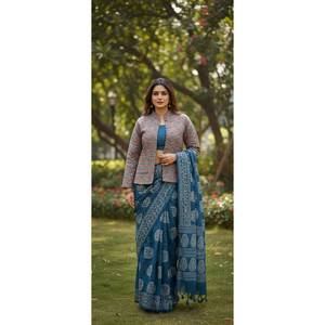 Veste matelassée en coton pour femme, motif floral, bleu ciel d'automne, manches longues en coton, réversible, imprimé double - Product Image 1