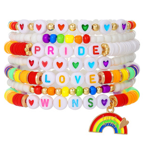 Colorful Rice Bead Heart <b>Bracelet</b> Set Rainbow Alloy Pendant Simple <b>Beaded</b> Jewelry for Women - Product Image 5