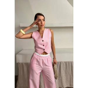 Conjunto de Chaleco y Pantalón a Rayas WAFFLE para Mujer, Color Rosa Sólido, Tops Cortos, Tallas XS, 3XL, 4XL, Corte Holgado - Product Image 4