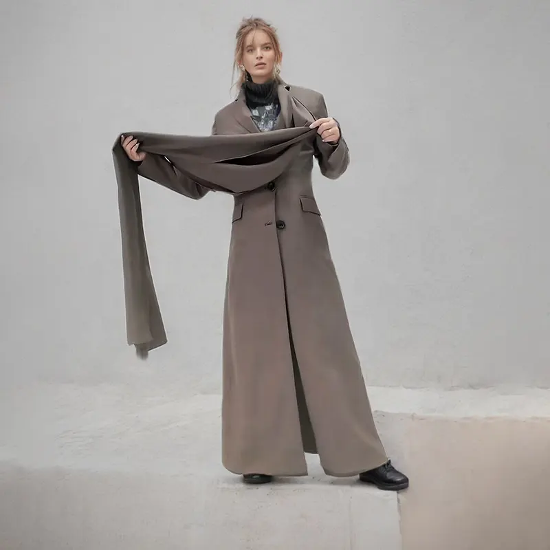 OUDINA Winter New Street Trendy Long Blazer With Scarf Decorative Design Slim Maxi Suit Coat For Women