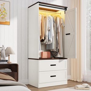 Armario de Madera SENYU Estilo Rústico de 2 Puertas con Paneles Elevados, Luces LED, Puerta Corredera Plegable Tipo Granero, Ecológico, para Dormitorio - Product Image 1