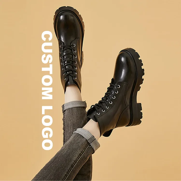 Oem Odm Custom Logo Bota de cuero Genuine Leather Upper Rubber Casual Winter Black High Ankle Heel Mens Women's Martins Boots