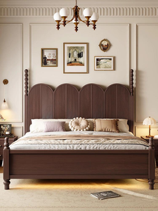 Cadre de lit en bois traditionnel, taille king, tête de lit capitonnée avec design arqué et finition foncée - Product Image 1