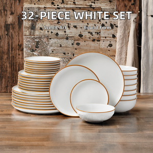 32-Piece White Ceramic Scenic Pattern <b>Dinnerware</b> <b>Set</b> Gold Rim 8 Servings Includes Plates Bowls Durable Everyday Use Tableware - Product Image 2