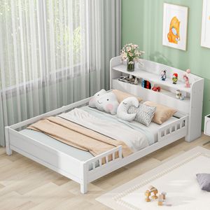White Full-Size Wood Platform <b>Bed</b> for Kids Built-In LED Light Storage Headboard Guardrail - Product Image 1