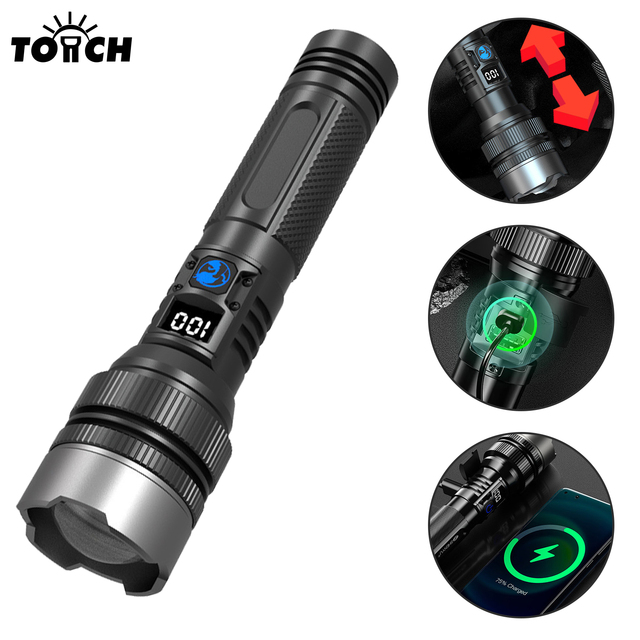 Aluminum Alloy Tactical Flashlight High Lumen LED Zoomable Waterproof Torch LCD Display Emergency Light Rechargeable Flashlight