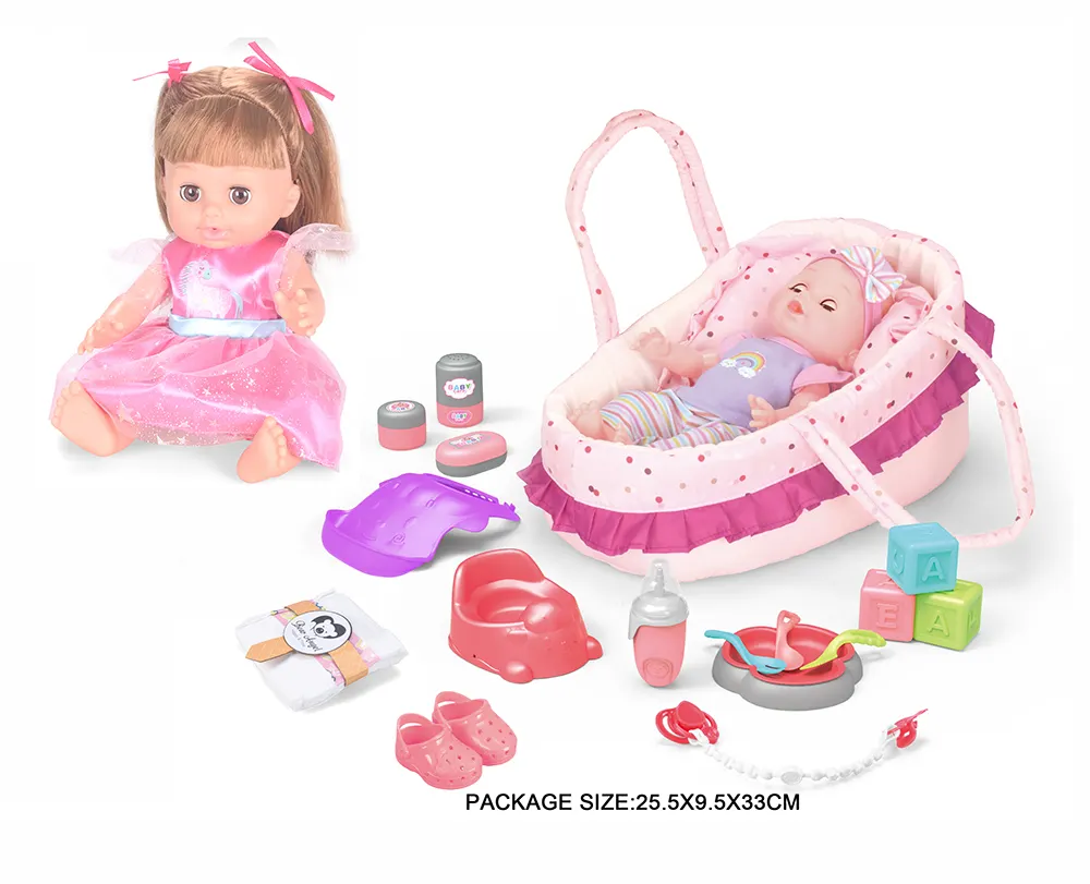 2023 New Item 14 Inch Kids Toy Baby Doll Care Hand Basket Vinyl Reborn Princess Doll Girls Toy With 12 Sound IC Drink Water Pee