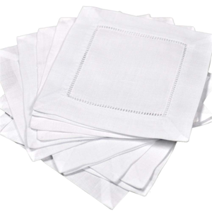 Serviettes de cocktail personnalisées en coton et lin blanc, à ourlet échelle, pour mariage - Product Image 1