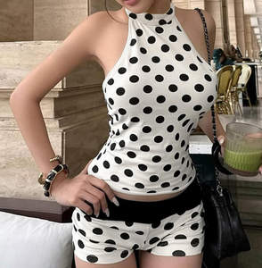 Viviblook C26ST114 Conjunto Sexy de Verano para Mujer, Top sin Mangas con Cuello Halter y Estampado de Puntos, Shorts Casuales, Conjunto de Dos Piezas - Product Image 1