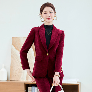 Women's Velvet Blazer Two-Piece Suit Set Black And Red Anti-Wrinkle Commute Professional Outfit - Product Image 2