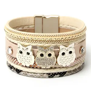 2024 Cute Owl Leather Bracelet PU Leather Cuff Bracelets Multilayer Magnetic Clasp Bracelet Jewelry for Women Girls