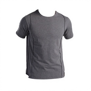 T-shirt en tricot à manches courtes gris pour homme, coupe ajustée, col rond, design uni décontracté - Product Image 1