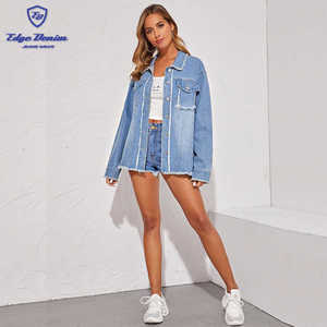 Venta caliente de color personalizado deshilachado de vaquera de manga larga novio camionero chaqueta <span class=keywords><strong>Mujer</strong></span> - Product Image 2