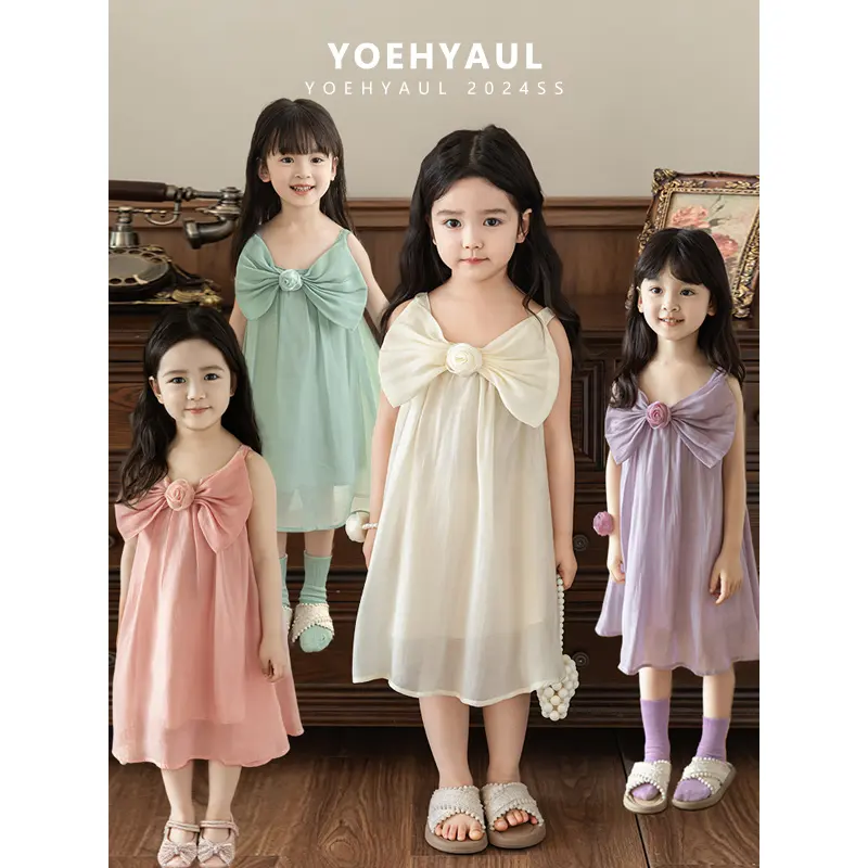 YOEHYAUL LX0244 فستان للأطفال من نوع الأميرات من التُل بتصميم ذي خطوط متداخلة أنيق وذو فيونكة كبيرة بدون أكمام للأطفال في سن الحبو تصاميم فساتين بنات