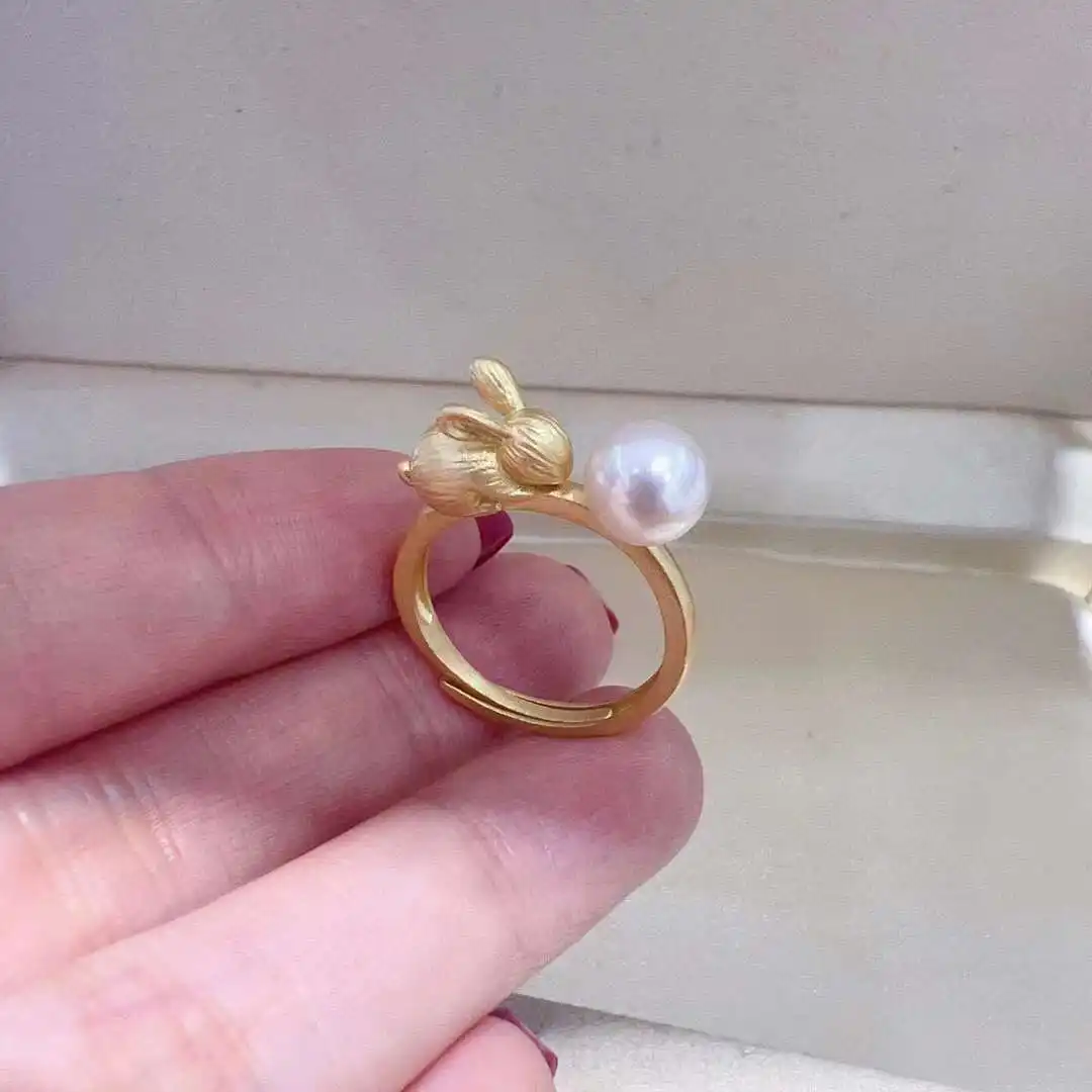 Anneau de perles de lapin 3D exquis, anneau de perles rondes Akoya d'eau douce naturelles, anneau amusant pour fille, cadeau