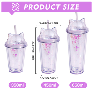 Tumori per orecchie di gatto a doppia parete tazza di plastica con coperchio fai da te Glitter 10oz 16oz 24oz bottiglia per bevande a doppia parete in acrilico per bambini - Product Image 2