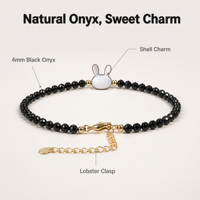 Bracelet fin en onyx noir facetté de 4 mm avec breloque chat et lapin en coquillage naturel, bracelet empilable en pierre, joli cadeau de bijoux pour femme