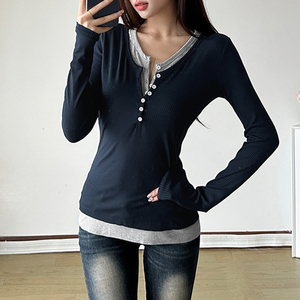 Camiseta de Manga Larga con Cuello en V de Encaje para Mujer, Novedad de Otoño, Jersey de Punto, Top Elástico Transpirable, Informal, para Oficina, Trabajo, Básico - Product Image 2