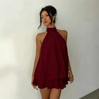 Robe Courte en Mousseline de Soie pour Femme, Dos Nu à Nouer, avec Cordon de Serrage à la Taille et Jupe Évasée à Volants, Idéale pour les Vacances et les Fêtes à la Plage (Vente en Gros)