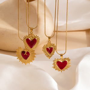 Colliers XL606 Cœur Sacré <span class=keywords><strong>en</strong></span> Émail Rouge Vintage, Bijoux <span class=keywords><strong>en</strong></span> Acier Inoxydable Anti-ternissement pour Femme - Product Image 2