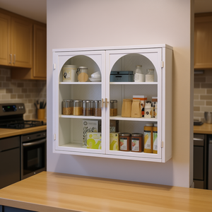 Armoire murale moderne avec porte en verre, 27,56 pouces, blanche, rangement à trois niveaux, entrée de cuisine, modèle D0100HP358V - Product Image 2