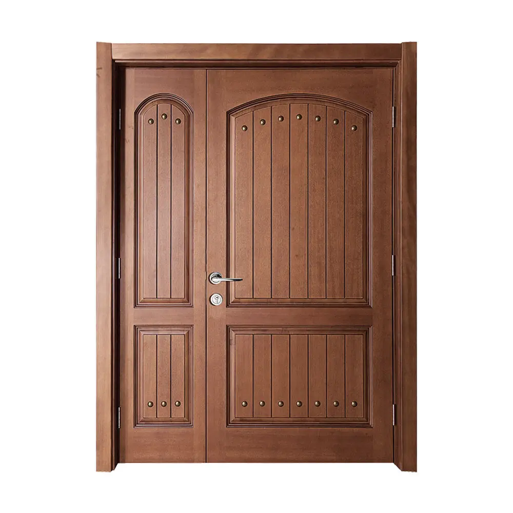 Teak wood Indian main entrance unequal double door 6 panels design