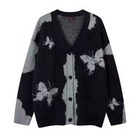Cardigan à col en V imprimé papillon - Pull en tricot doux et moelleux avec contraste gris et boutons sur le devant, haut unisexe surdimensionné pour l'automne/hiver