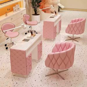 Juego de mesa y silla de salón de uñas de alta gama en color crema con tablero de mármol y enchufe para aspiradora integrado. - Product Image 1