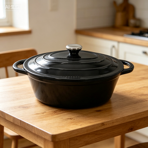 Rôtissoire ovale en fonte émaillée de qualité commerciale, noir brillant, avec couvercle auto-arrosoir pour rôtir - Product Image 6