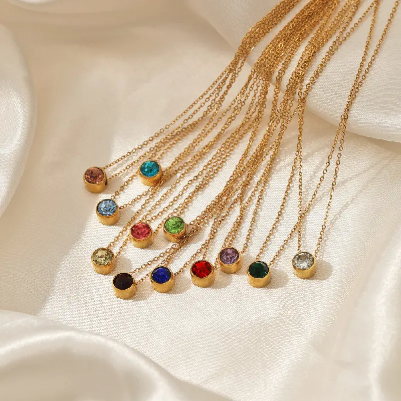 Boho Birthday Birth Month Healing Crystal Jewelry Gifts Round Diamond CZ Zircon Gemstone Solitaire Pendant Birthstone Necklace