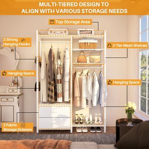 Reversible Clothing Rack with 2 <b>Drawers</b> and Heavy Duty Garment Racks with <b>Shelves</b> Clothes Hanging Storage for Cabinets - Product Image 4