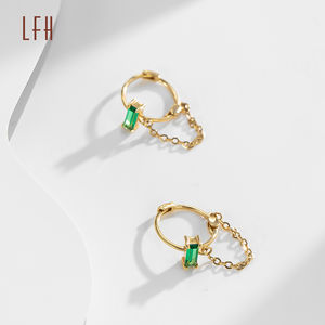 Pendientes de Cadena Cuadrados con Circonita Cúbica Verde, Pendientes Colgantes de Oro Real de 18k, Pendientes de Botón de Circonita de Oro Puro de 18k para Mujer - Product Image 5