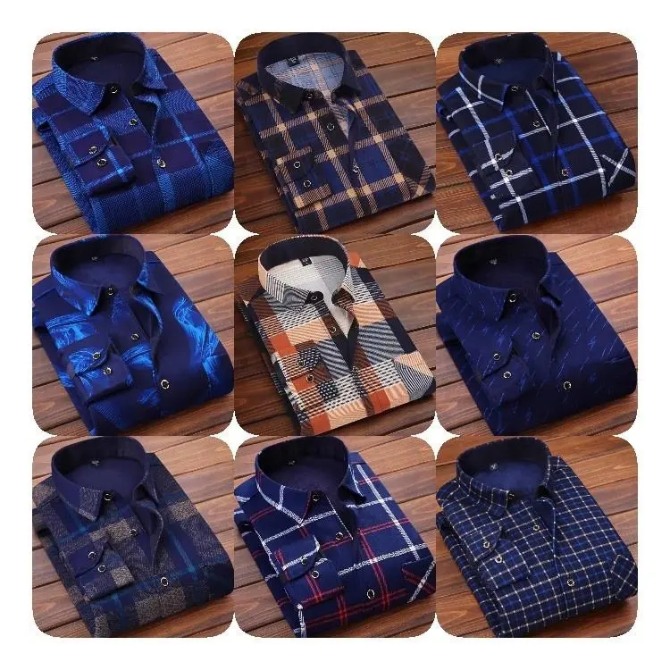 Factory high quality polyester button men's shirt Fashion men's thick warm solid color long sleeve plaid cheap discount menswear