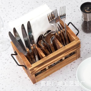 Wooden Cutlery <b>Storage</b> <b>Box</b> With Handles Rectangle Solid Wood <b>Kitchen</b> Organizer Open Top Compartments Shandong GZ 1025 - Product Image 1