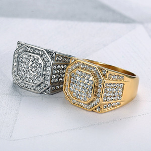 Men's Hexagon <b>Titanium</b> Steel <b>Ring</b> Gold Silver Micro Pave Full Diamond Party Jewelry - Product Image 2