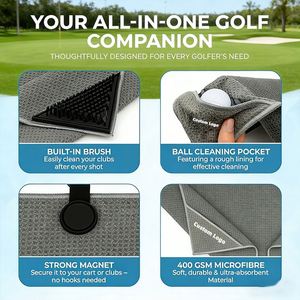 Serviette de golf magnétique multi-usages à séchage rapide et absorbante avec brosse et poche de nettoyage, logo personnalisé - Product Image 5