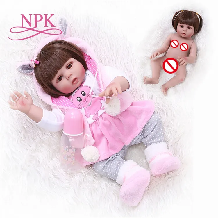 Poupée bébé fille avec cheveux lisses et robe lapin rose, 49CM, corps complet, en silicone souple, jouet réaliste pour le bain, nouveau modèle 2019